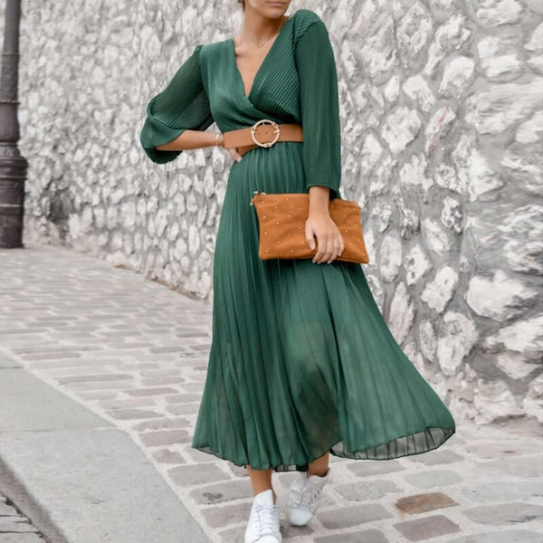 Women's Chiffon Long Pleated Green Dress V Neck Long Sleeve Maxi Autumn Winter Dress 2022 Female Party A Line Robe Vestidos New