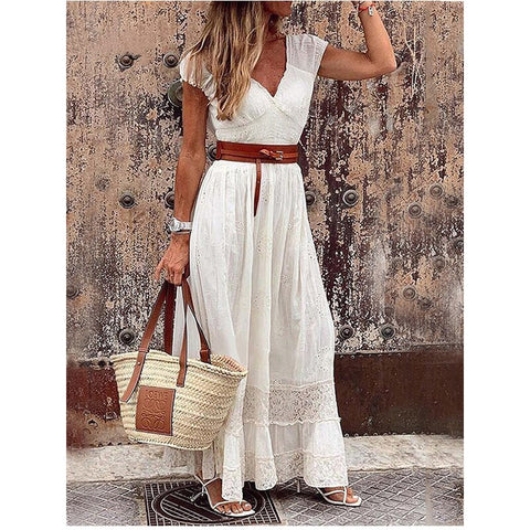 Women's Clothing 2022 Summer V-neck Vintage Party Dress Female White Lace Elegant Maxi Dresses Casual Beach Long Dress