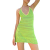 Women's Color Block Halter Bodycon Mini Dress V-neck Sleeveless Backless Crochet Short Dress Summer Slim Kintting Mini Dress
