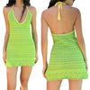 Women's Color Block Halter Bodycon Mini Dress V-neck Sleeveless Backless Crochet Short Dress Summer Slim Kintting Mini Dress