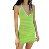 Women's Color Block Halter Bodycon Mini Dress V-neck Sleeveless Backless Crochet Short Dress Summer Slim Kintting Mini Dress