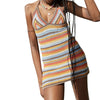 Women's Color Block Halter Bodycon Mini Dress V-neck Sleeveless Backless Crochet Short Dress Summer Slim Kintting Mini Dress