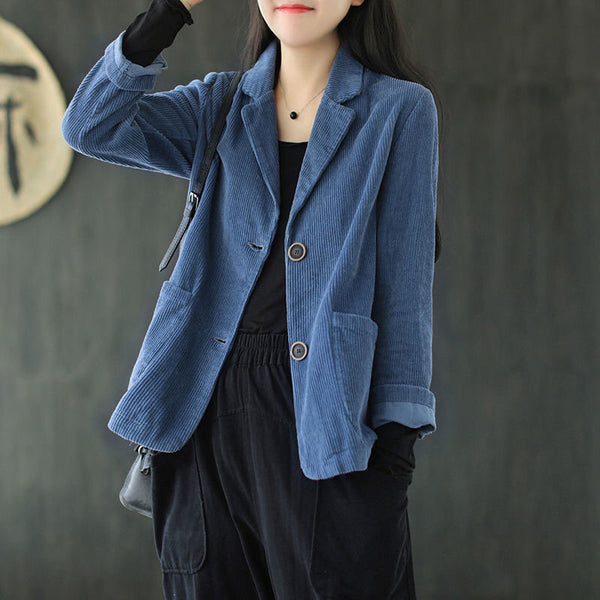Women's Corduroy Blazer Spring Autumn Corduroy Jacket Coat Retro Single Breasted Casual  Blue Suit Outerwear Tops Female W50