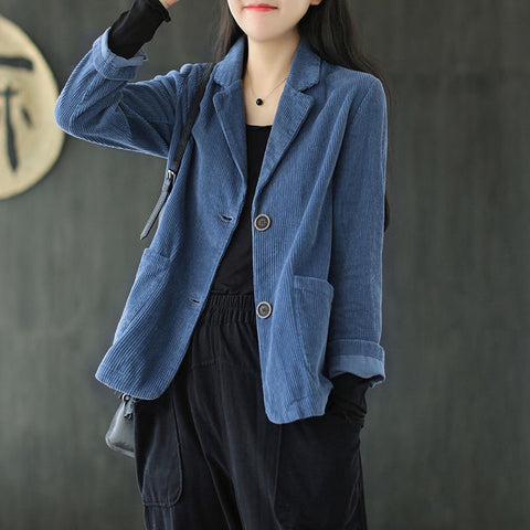 Women's Corduroy Blazer Spring Autumn Corduroy Jacket Coat Retro Single Breasted Casual  Blue Suit Outerwear Tops Female W50