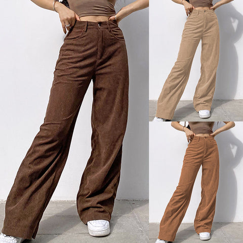 Women’s Corduroy Straight-leg Pants Long Trousers Solid Mid Waisted Wide Leg Pants Straight Casual Baggy Trousers Брюки Женские