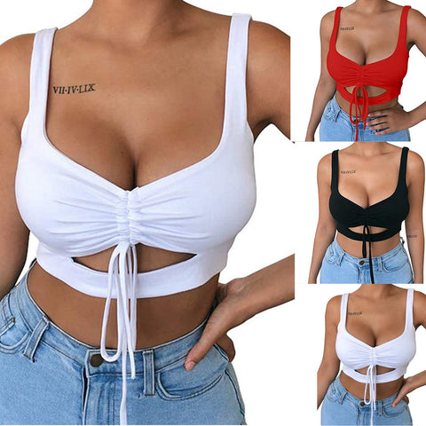 Women's Crop Top Sexy Summer Shoulder Belt Hollow Tank Top Wrinkled Bandage Vest Camisole Tops 2022 топ женский