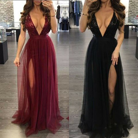 Women's Deep V Neck Sleeveless Elegant Formal Prom Long Maxi Cocktail Party Ball Gown Bandage Blackless Dress Red Black XL