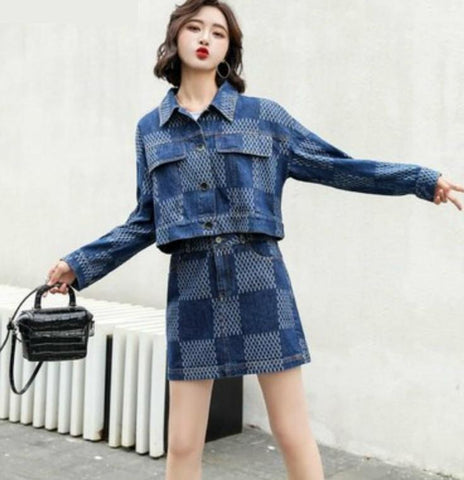Women's Denim 2PCS Clothing Set Vintage Jacket + Mini Jean Skirt Female Turn-down Collar Denim Coats Skirt Suits Outfits Feme