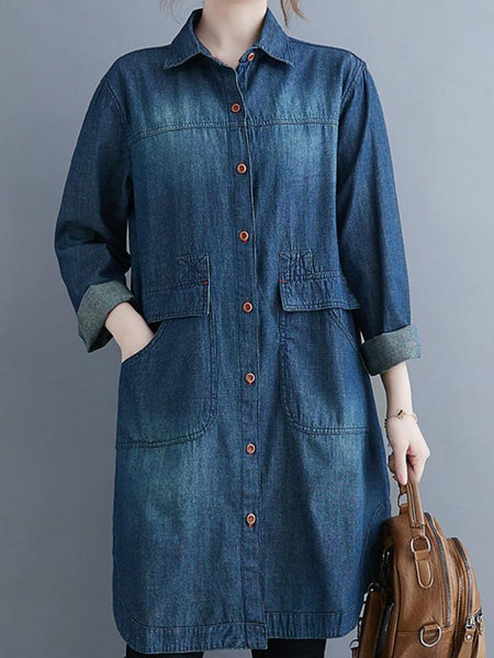 Women's Denim Shirt High-end 2023 Autumn Loose Mid-length Long Sleeve Turn-down Collar Wide-waisted Vintage Coat Top