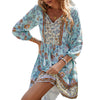 Women's Dress 3/4 Sleeve V Neck Front Button Tassel Fringe Straps Floral Print Boho Style Dresses