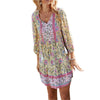 Women's Dress 3/4 Sleeve V Neck Front Button Tassel Fringe Straps Floral Print Boho Style Dresses