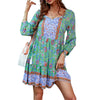 Women's Dress 3/4 Sleeve V Neck Front Button Tassel Fringe Straps Floral Print Boho Style Dresses