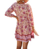 Women's Dress 3/4 Sleeve V Neck Front Button Tassel Fringe Straps Floral Print Boho Style Dresses