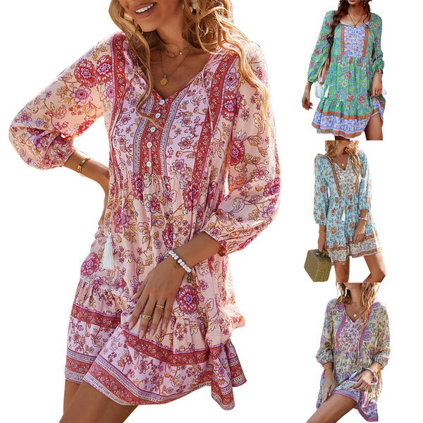 Women's Dress 3/4 Sleeve V Neck Front Button Tassel Fringe Straps Floral Print Boho Style Dresses