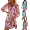 Women's Dress 3/4 Sleeve V Neck Front Button Tassel Fringe Straps Floral Print Boho Style Dresses