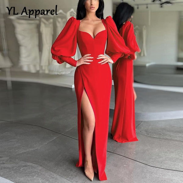 Women's Dress Elegant Tunics Pull Sleeve High Split Evening Party Dresses Y2K Tight Long Maxi Formal Vestidos Red Year 2023