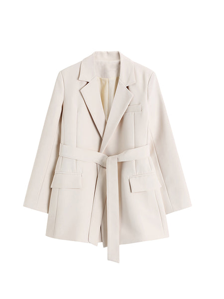 Women's Elegant Office Blazer Turn-down Collar Sash Tie Up Female Long Sleeve British Style Leisure Belt Jacket Coat