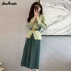 Women's Elegant Suit Pleated Midi Skirt Two-piece 2023 Spring Autumn Slim Blazers Dress Set Korean Professional Wear