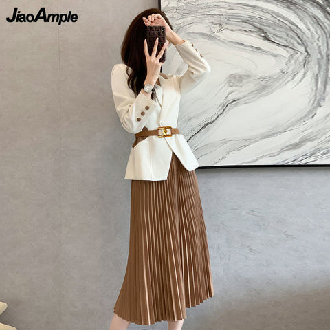 Women's Elegant Suit Pleated Midi Skirt Two-piece 2023 Spring Autumn Slim Blazers Dress Set Korean Professional Wear