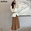 Women's Elegant Suit Pleated Midi Skirt Two-piece 2023 Spring Autumn Slim Blazers Dress Set Korean Professional Wear