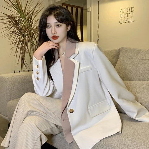 Women's Fake Two Piece Blazer Spring Autumn Loose Jacket Korean Casual Long Sleeve Suit Coat Female