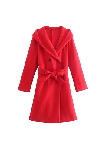Women's Fall 2023 Casual Chic Belted Hooded Woolen Coat Vintage Lapel Long Sleeve Double Breasted Slim Top
