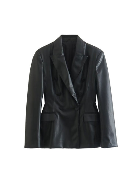 Women's Fall 2023 Casual Chic Faux Leather Double Breasted Blazer Retro Lapel Long Sleeve Slim Fit Solid Top