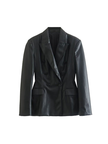 Women's Fall 2023 Casual Chic Faux Leather Double Breasted Blazer Retro Lapel Long Sleeve Slim Fit Solid Top