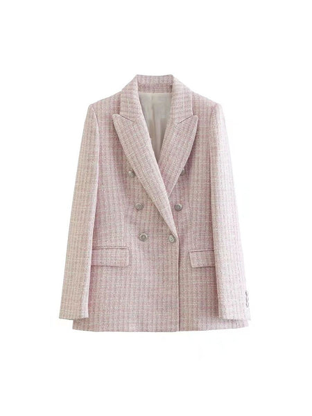 Women's Fall 2023 Casual Chic Textured Double Breasted Blazer Retro Lapel Long Sleeve Pockets Loose Solid Color Top