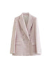 Women's Fall 2023 Casual Chic Textured Double Breasted Blazer Retro Lapel Long Sleeve Pockets Loose Solid Color Top