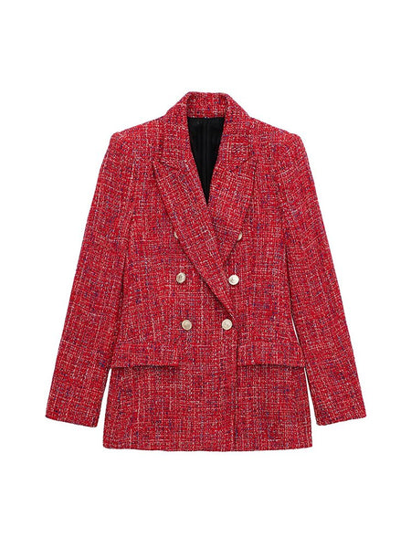 Women's Fall 2023 Casual Chic Textured Double Breasted Blazer Vintage Lapel Long Sleeve Pockets Loose Top