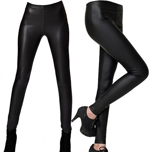 Women's Fashion Black Thin Faux Leather Pencil Leggings Sexy Slim Fit Trousers