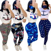 Women's Casual Sport Printed O Neck short sleeve Top and Full Length Pant Two Piece Sets