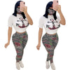 Women's Casual Sport Printed O Neck short sleeve Top and Full Length Pant Two Piece Sets