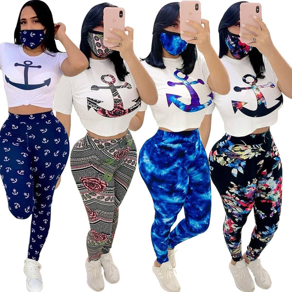 Women's Casual Sport Printed O Neck short sleeve Top and Full Length Pant Two Piece Sets