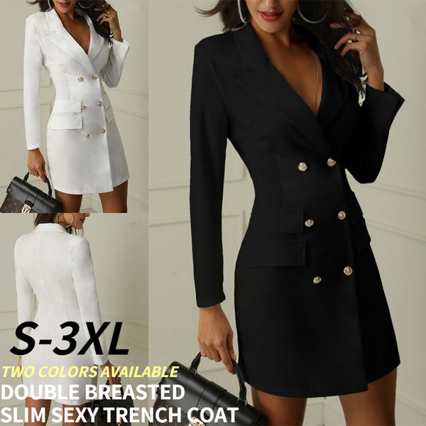 Women's Coat Solid Color Slim Thin Dress Classic Jacket Double Breasted Blazer Dress for Office Lady Casual Tops