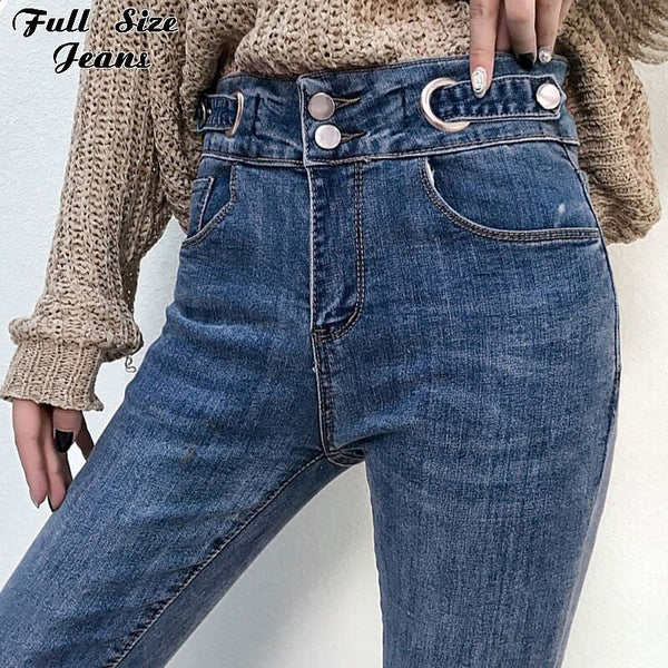Women's Jeans High Waist Fringe Hem Belted Extra Long Pencil Jeans 5XL 7xl Plus Size Women Casual Slim Fit Full