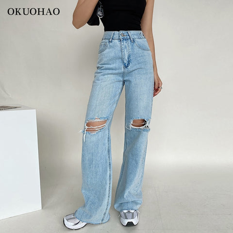 Women's Jeans High Waist Ripped Wide Leg Loose Denim Trousers For Female Baggy Mom Jeans Straight Pants Casual Y2k Jean
