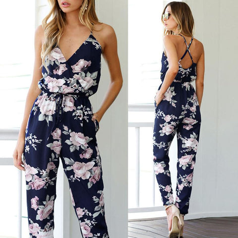 Women's Fashion Jumpsuit Women Sleeveless V-Neck Floral Printed Playsuit Party Trousers Jumpsuit july11