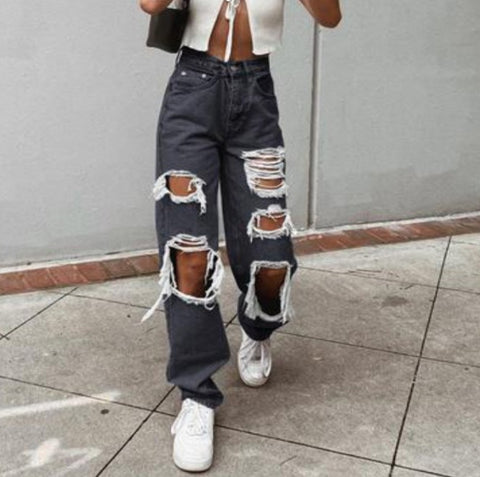 Women's Sexy Jeans Casual High Waist Pants Ripped Trousers Women Jeans Retro Denim Ripped Holes Frayed Loose Jeans Women