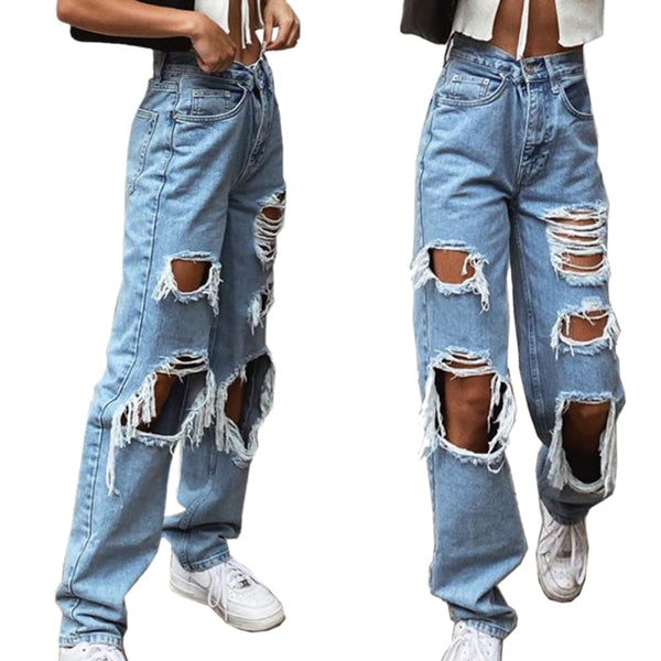 Women's Sexy Jeans Casual Pants Big Holes Long Trousers Women Jeans Ripped Frayed Loose  Denim Pants Women Clothing