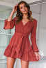 Women's Sheer Back Deep V Neck Ruffle Print See Through Long Sleeve Dresses with Belt Summer Spring Floral Mini Dress