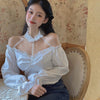 Women's Slash Neck Blouses Hanging Neck Slim Cropped Detail Long-Sleeved Shirt