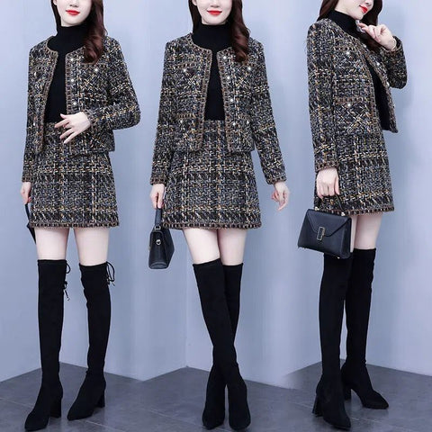 Women's Suit Coat Short Skirt Two-piece 2023 Autumn Winter Korean Elegant Vintage Slim Blazer Jacket Mini Skirts Set
