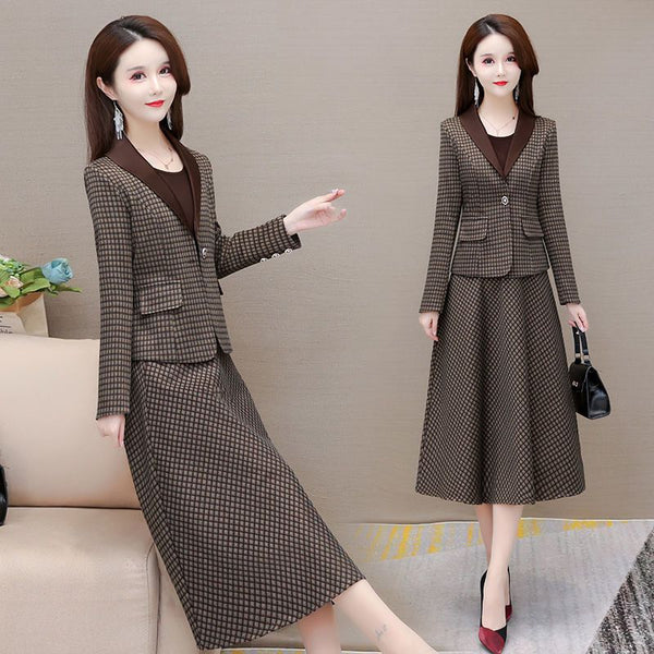 Women's Suit Skirt Two-piece Set 2023 Autumn and Winter Elegant Long Sleeve Vintage Blazer Coat Mid Skirts Suits