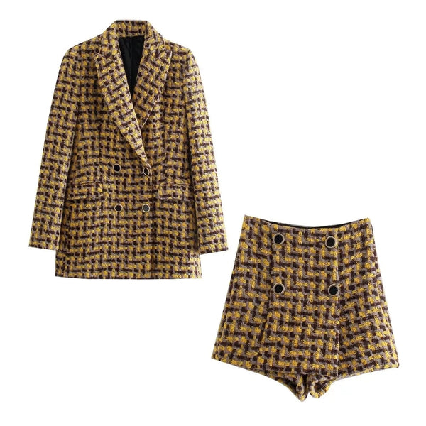 Women's Texture Plaid Suit Retro Long Sleeve Flap Pocket Women's Coat Suit And Button Textured Skirt Pants