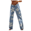 Women's jeans Autumn High Waist Flower Print Pocket Elastic Print Baggy Trousers Streetwear Wide Leg Slim Denim Pants