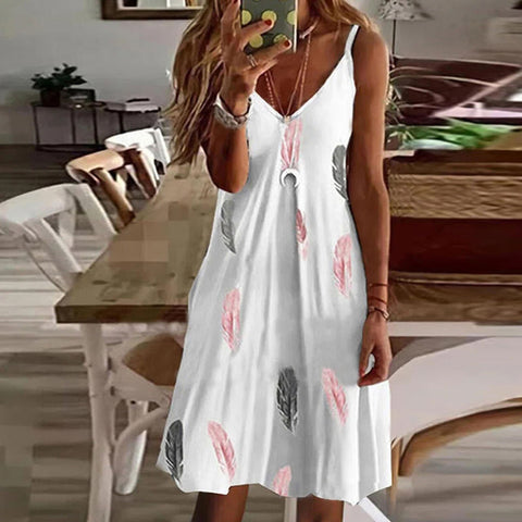 Women's Feather Print Beach Dress Casual Non Positioning Printing Camisole V-neck Sexy Boho Dresses Elegant Dress Vestido Verano