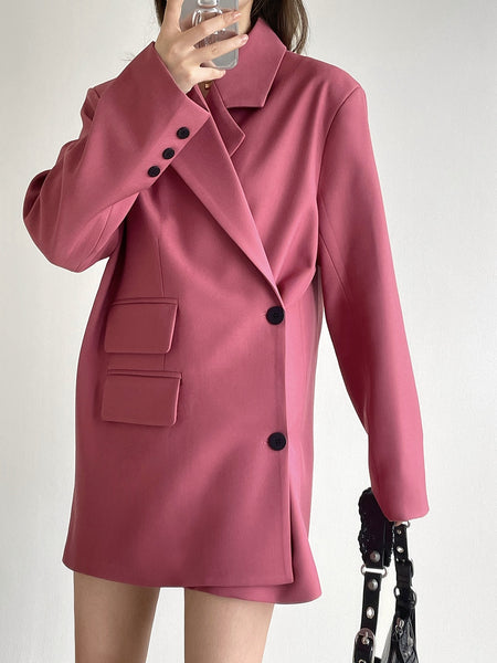 Women's Flap Detailed  Diagonal Buttons Pink Blazer Long Sleeve Elegant Women Jacket for Office