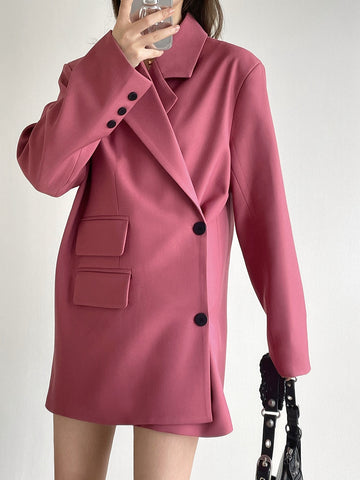 Women's Flap Detailed  Diagonal Buttons Pink Blazer Long Sleeve Elegant Women Jacket for Office